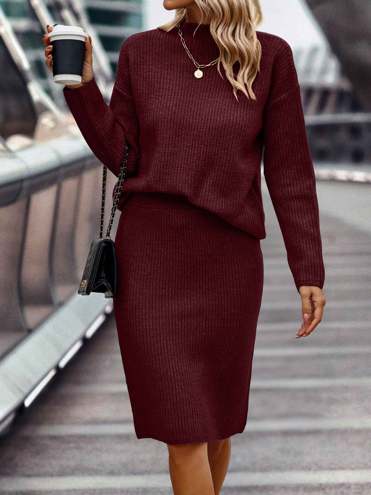 European And American Autumn And Winter Solid Color Long Sleeve Fashion Mock Neck Sweater Women's Suit -