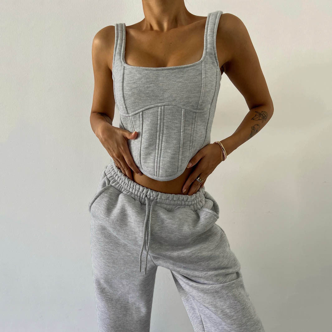 Gray Waist Hooded Short Sweater Ankle Banded Pants Three-piece Set -