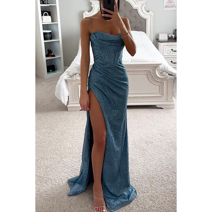 Rochie de Seară cu Curele - Decolteu V, Fentă Sexy, Lungă -