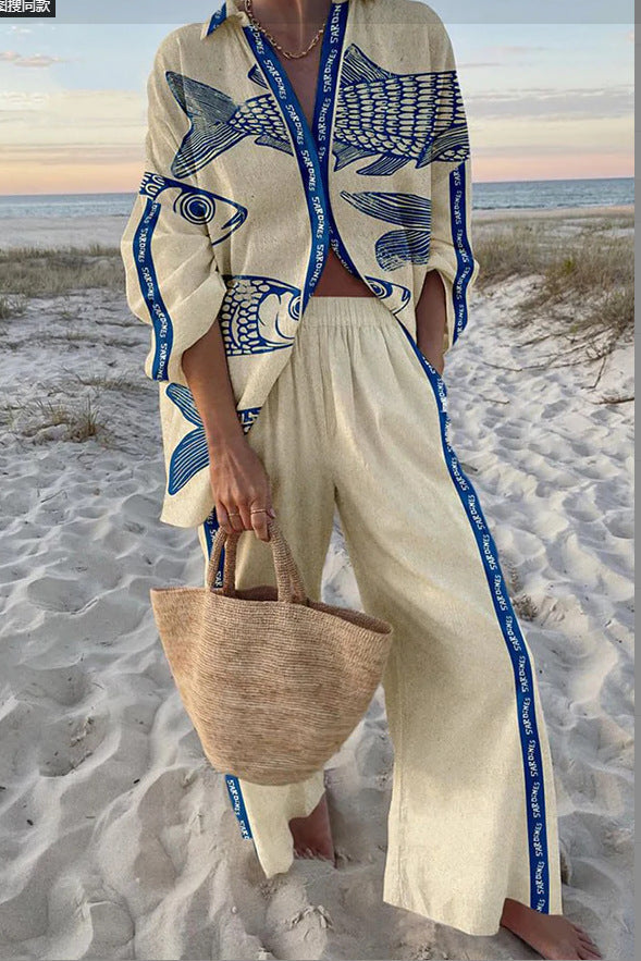 Women's Casual 3D Digital Printing Fashion Shirt And Trousers -