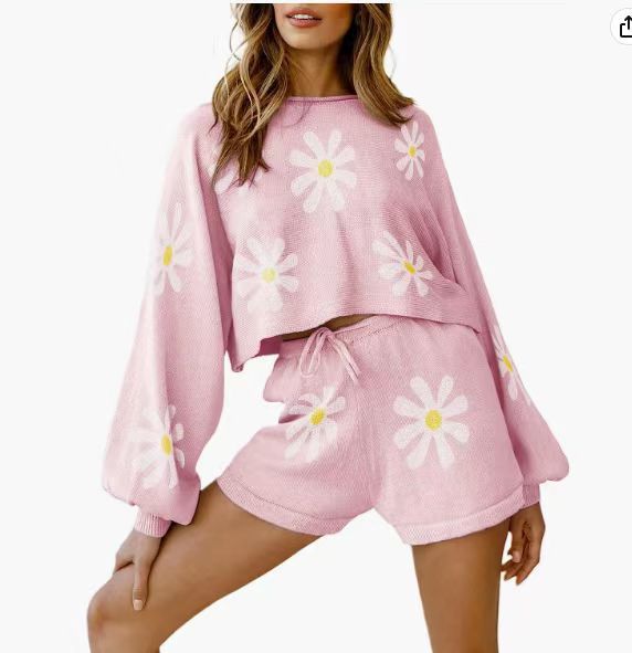Women's Fashionable Simple Solid Color Waffle Knitted Pajama Set -