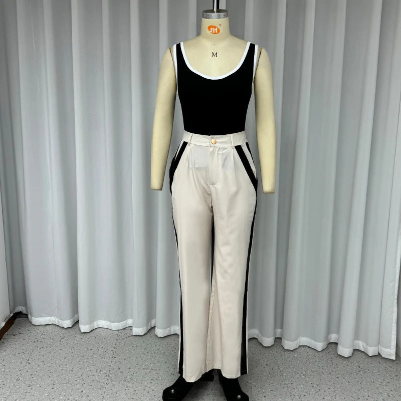 Autumn New Contrast Color Suspenders Slim High Waist Trousers Two-piece Set For Women -