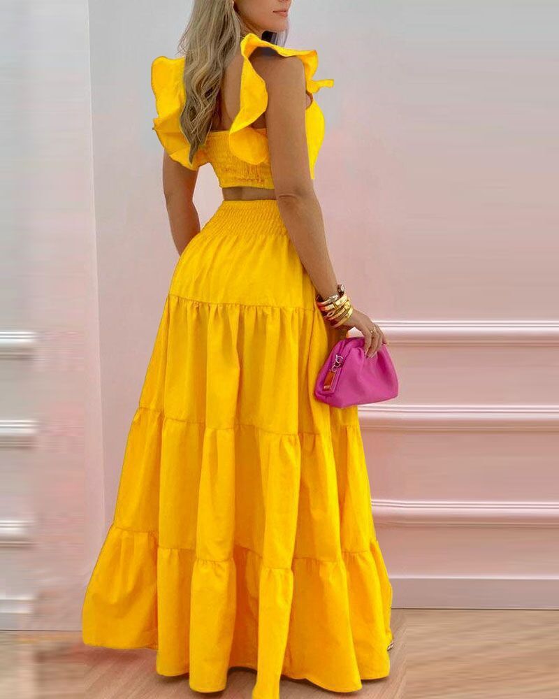 Women's New Solid Color Mid Waist Big Swing Two Piece Dress -