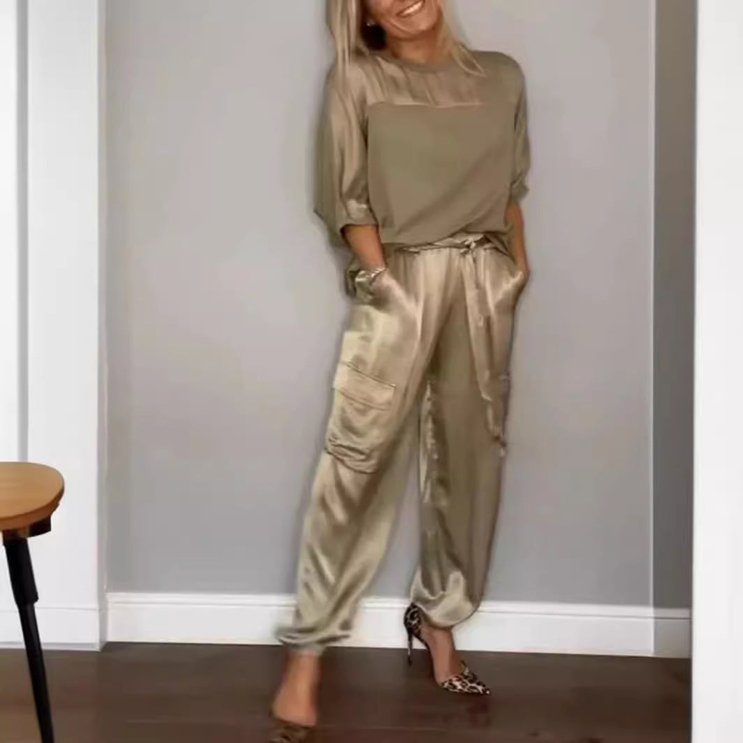 Fashion Women's Smooth Satin Half Sleeve Top Blouse And Pants Two-piece Set -