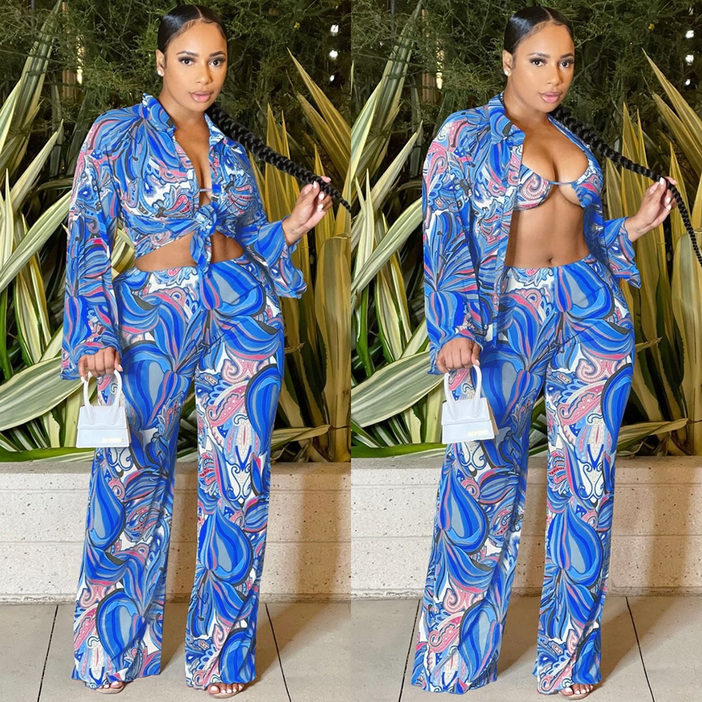 Sexy Mesh Sheer Print Long Sleeve Three Piece -