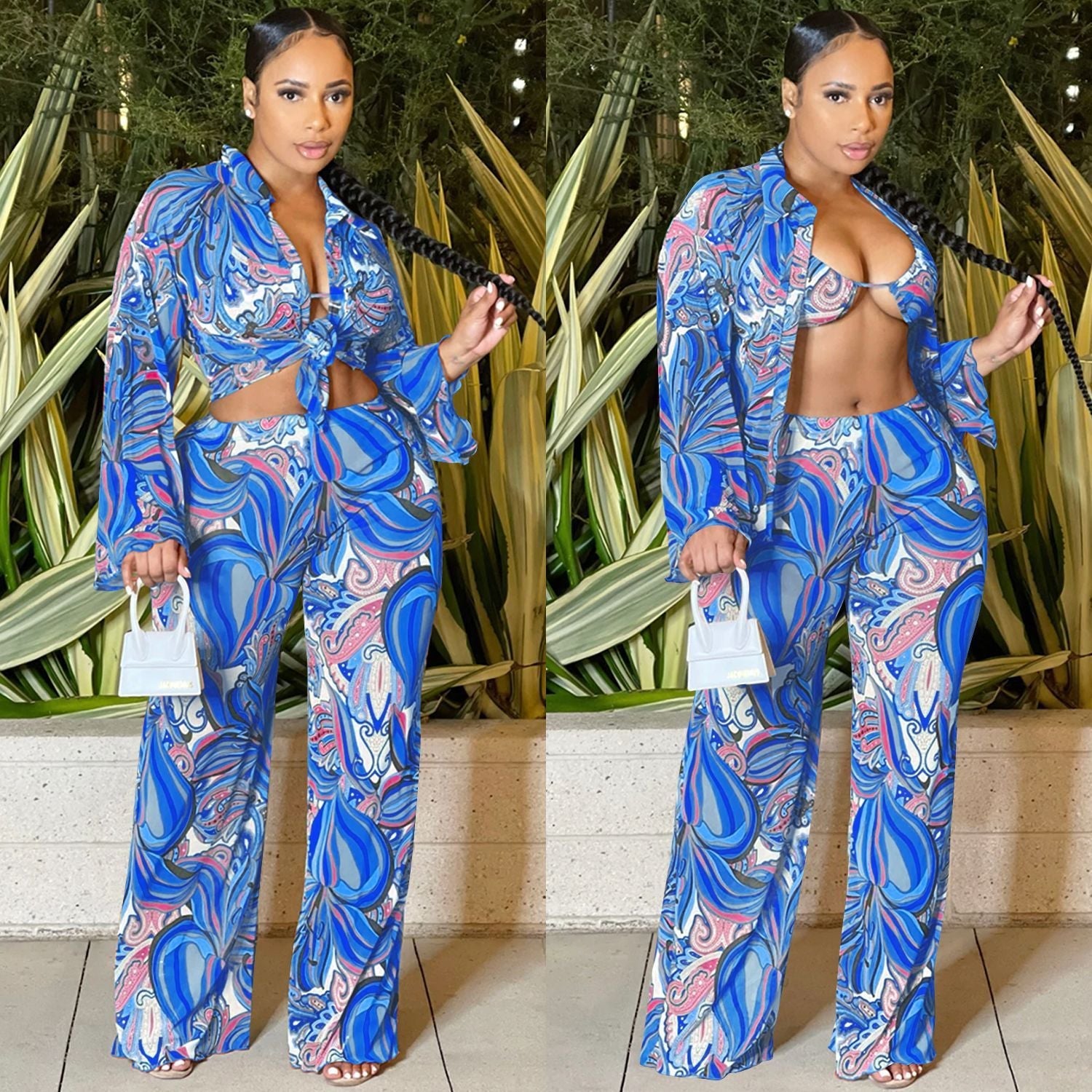 Sexy Mesh Sheer Print Long Sleeve Three Piece -