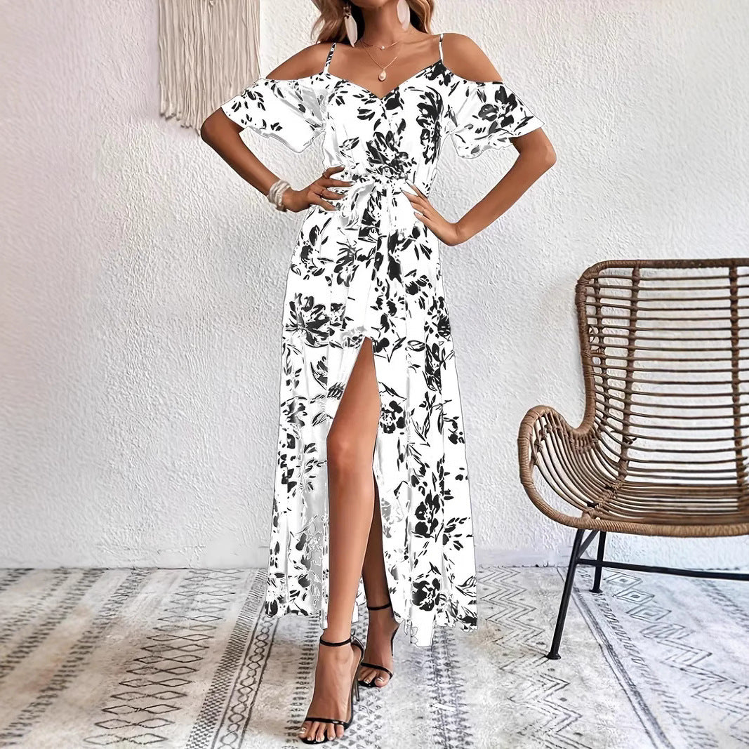 Ins Off-Shoulder Split Dress Summer Floral Print Suspender Long Dresses With Belt Design Women's Beach Clothing -