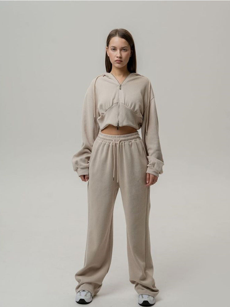 Long Sleeve Zipper Hooded Sweater Solid Color Laced Pants Two-piece Set -