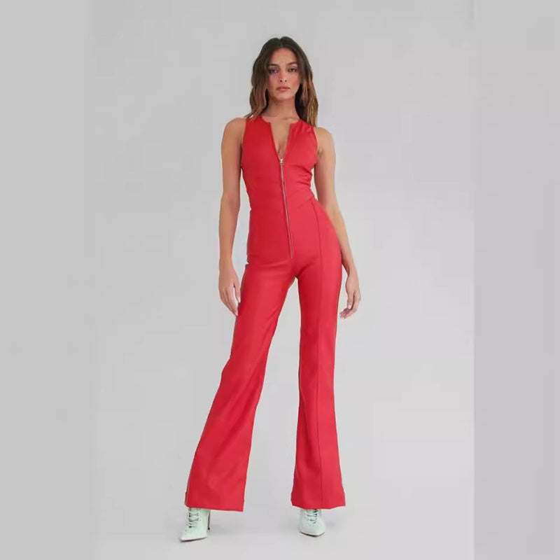 Summer Slim Heart-shape Backless Denim Jumpsuit Women Halter Neck Zip Up High Waist Panst Retro Style Clothing -
