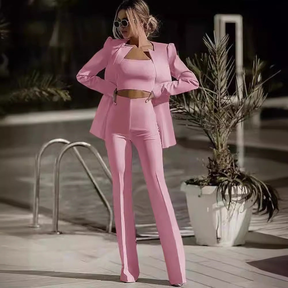 European And American Fashion Commute Midriff-baring Solid Color Suit Suit -