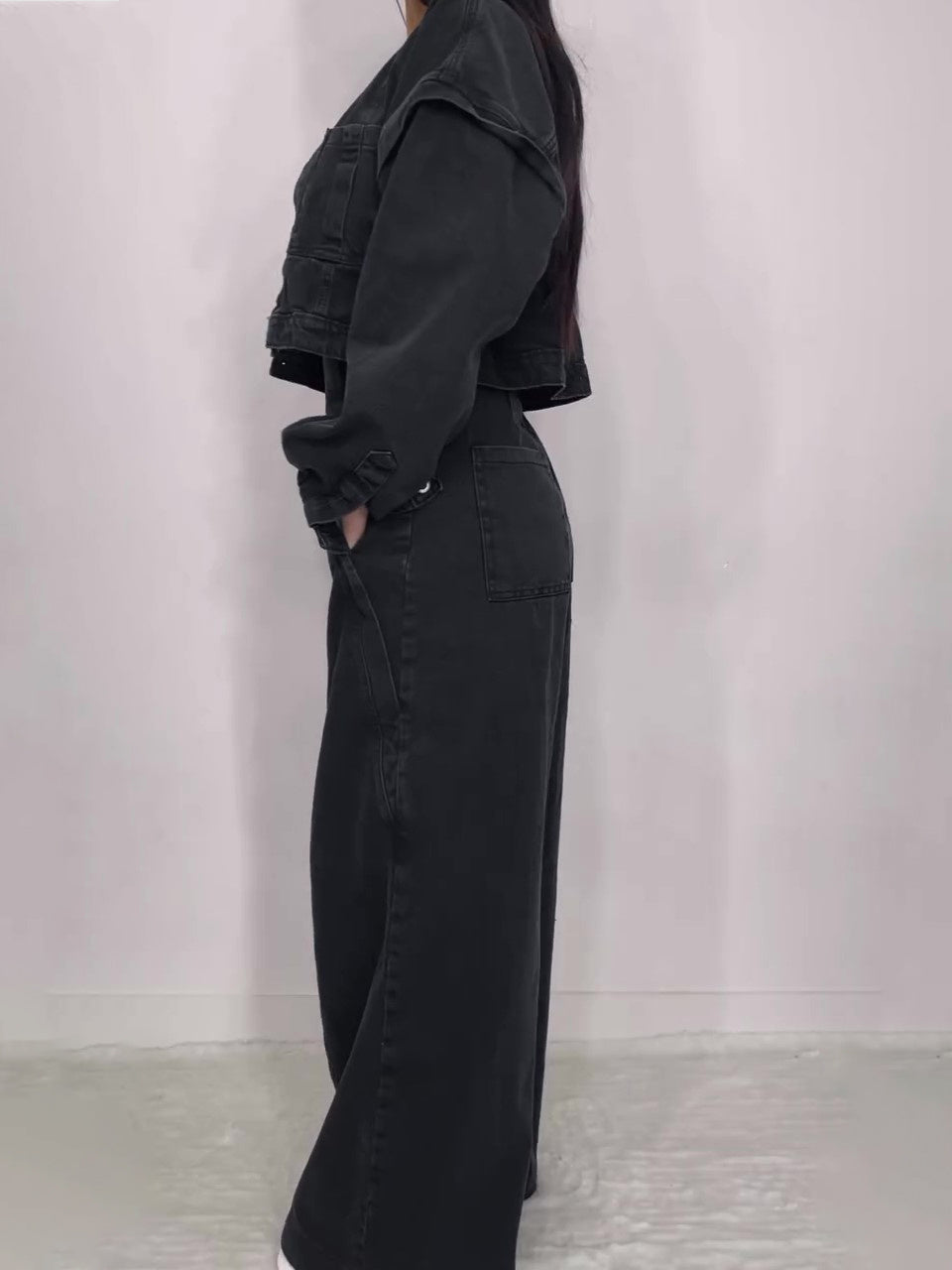 Denim Bandeau Zipper Jumpsuit & Jacket Set -