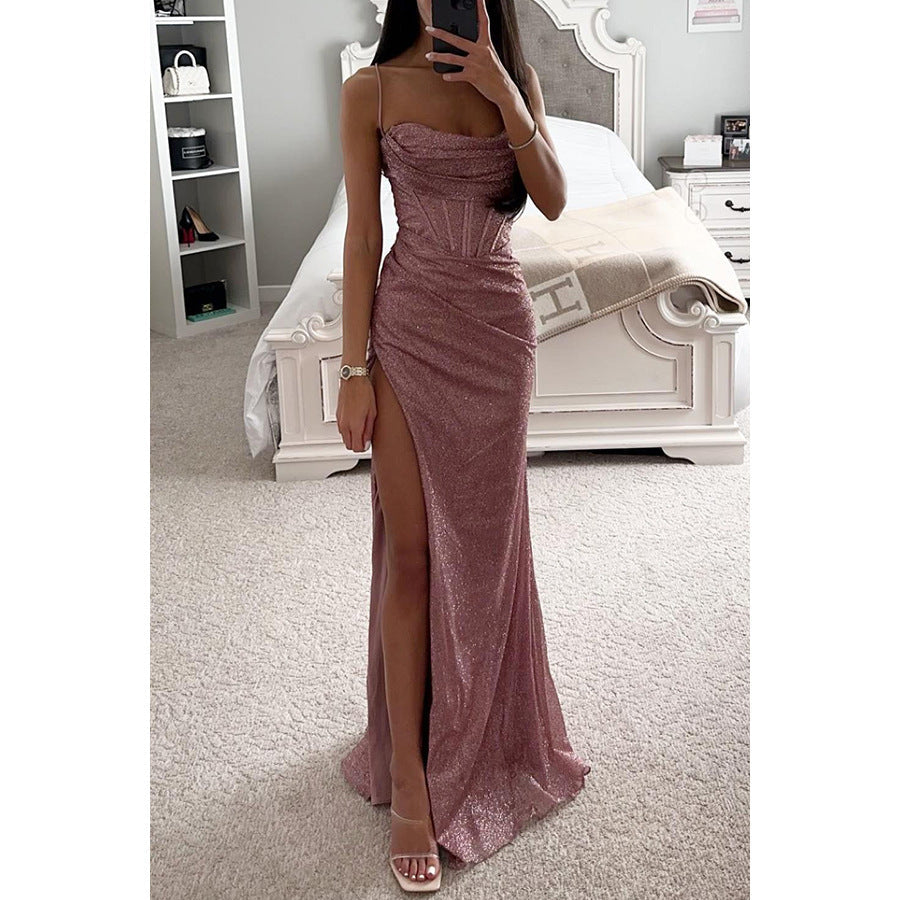 Rochie de Seară cu Curele - Decolteu V, Fentă Sexy, Lungă -