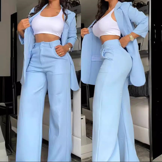 Pure Color Split Sleeve Lapel Suit Straight-leg Pants Suit Women -