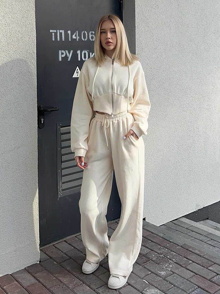 Long Sleeve Zipper Hooded Sweater Solid Color Laced Pants Two-piece Set -