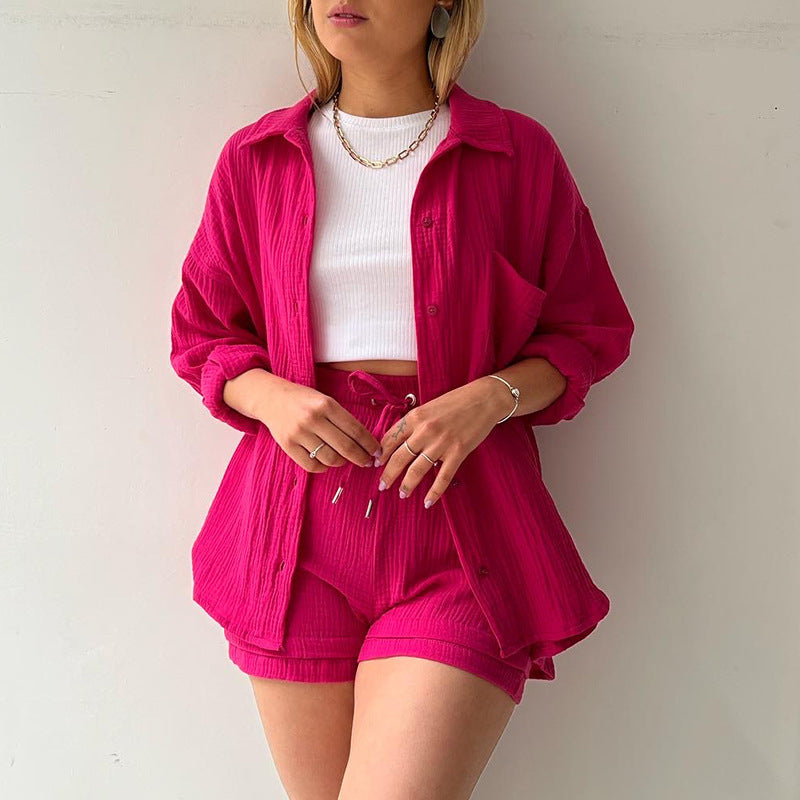 Women's Wrinkled Fabric Lapel Long Sleeved Shirt Shorts Fashion Casual Set -