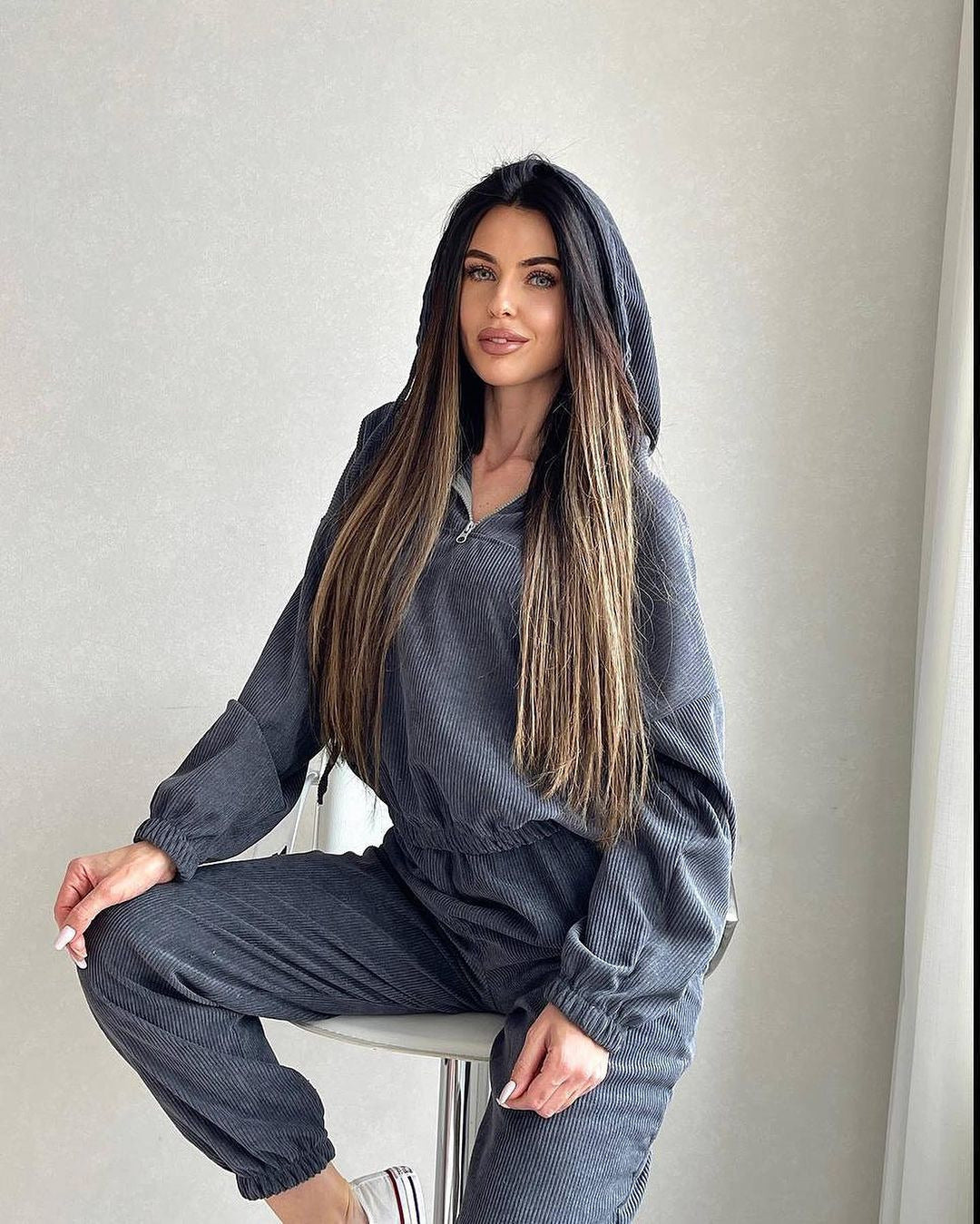 Women's Fashion Minimalist Long Sleeve Hooded Zipper Trousers Suit -