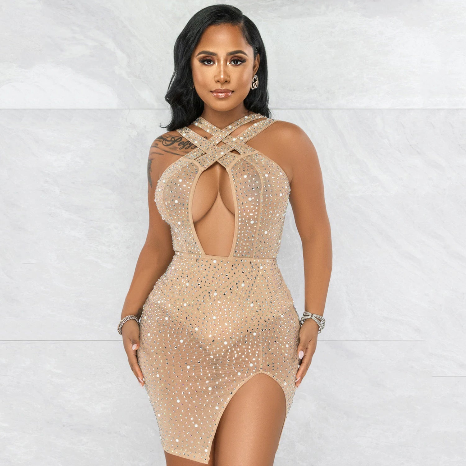 Women's Sexy Mesh Hot Drilling Nightclub Party Dress -