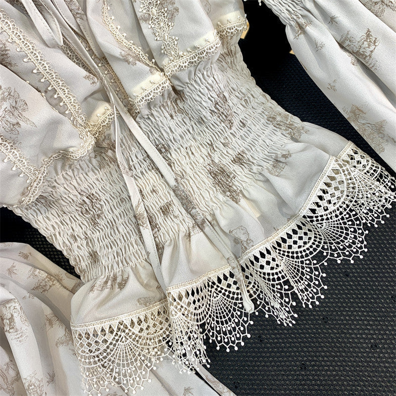 Printed Waist Lace One Word Collar Top Temperament -