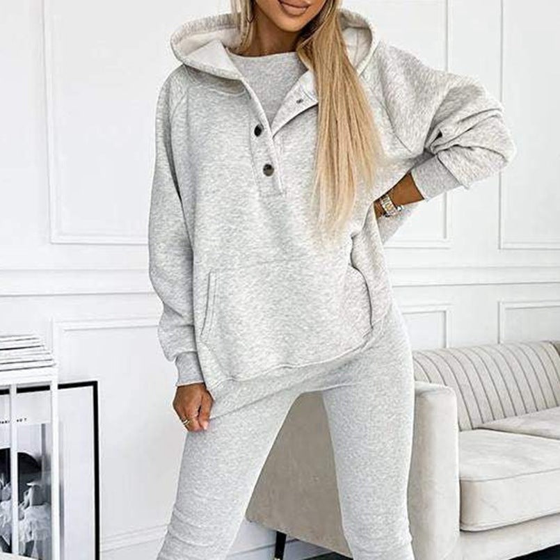 3pcs Women's Sports Suit Loose Hooded Pockets Sweatshirt And Vest And Slim Trousers -
