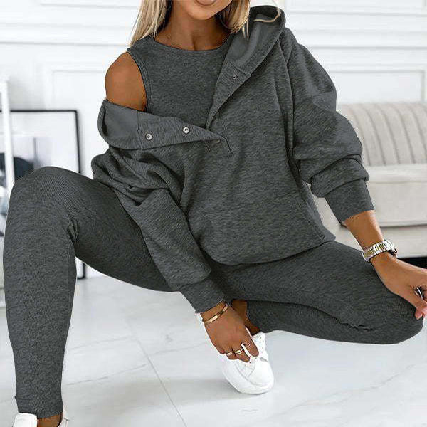 3pcs Women's Sports Suit Loose Hooded Pockets Sweatshirt And Vest And Slim Trousers -