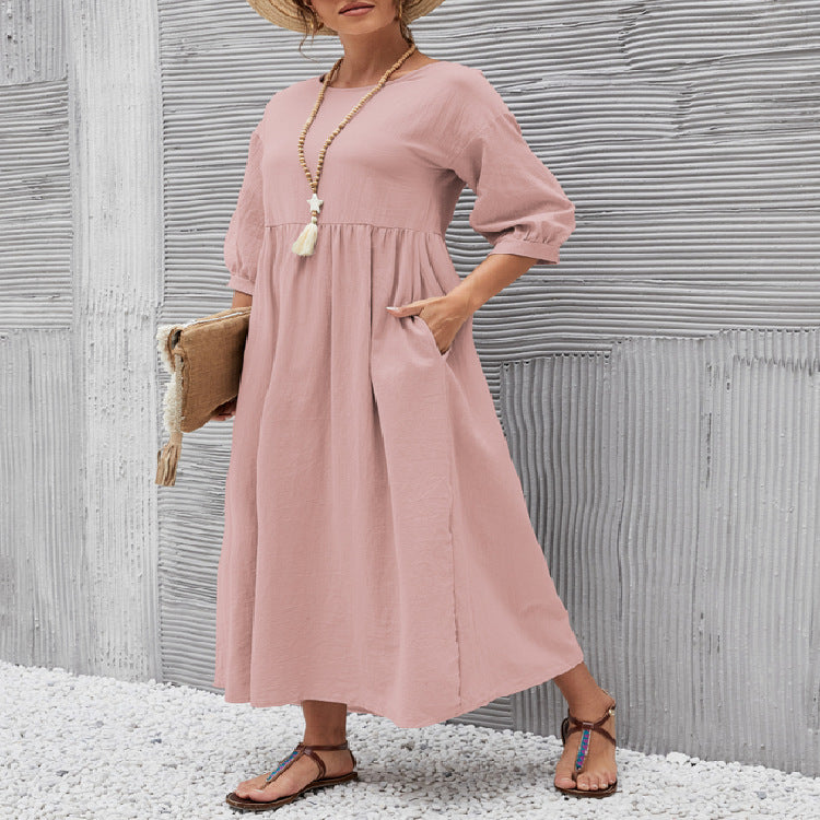 Rochie Vara Buzunare A-Line - Guler Rotund, Casual Elegantă, Culori Uni -