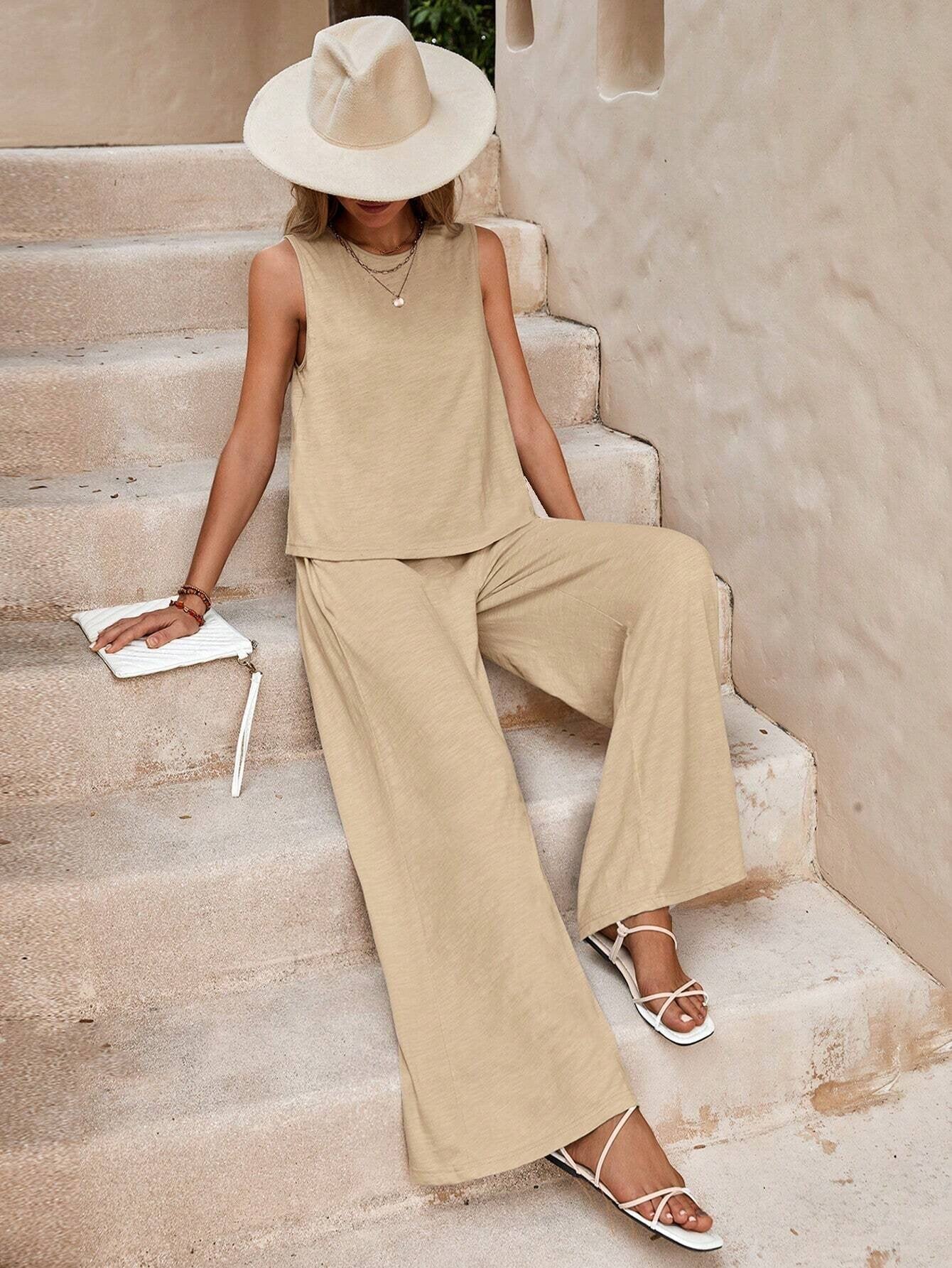 Solid Color Casual Loose Pants Sets For Women Elegant Spring Summer Women's Two Pieces Suit Full Trouser Set Female Outfit Clothes -