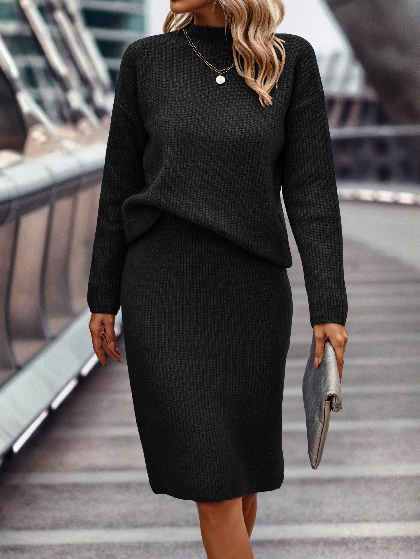 European And American Autumn And Winter Solid Color Long Sleeve Fashion Mock Neck Sweater Women's Suit -