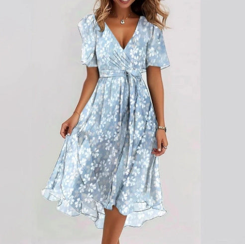 Rochie Elegantă de Vară din Chiffon - Imprimeu Floral, Decolteu V -