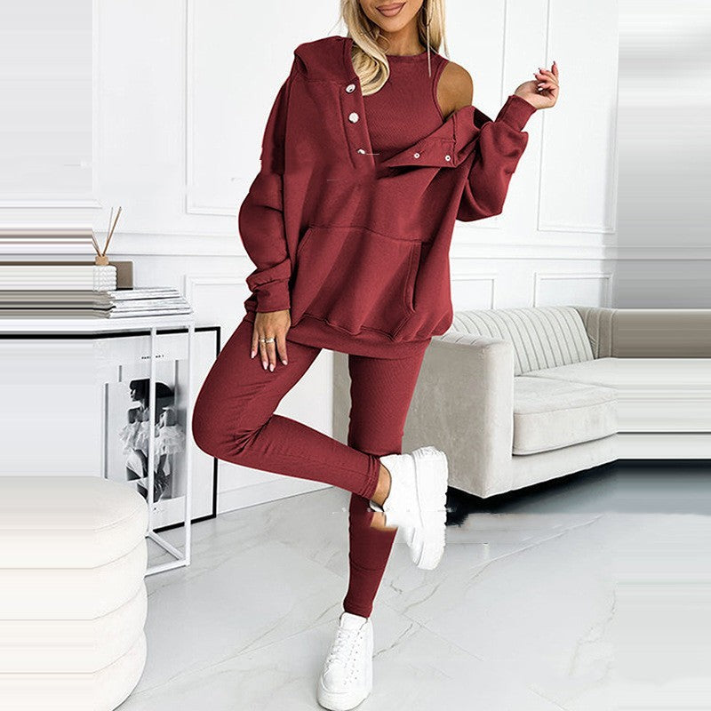 3pcs Women's Sports Suit Loose Hooded Pockets Sweatshirt And Vest And Slim Trousers -