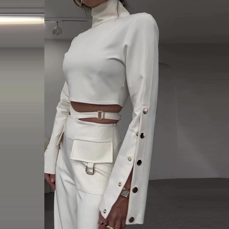 High Collar Midriff-baring Loose Wide Leg Library Suit -