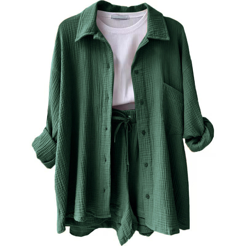 Women's Wrinkled Fabric Lapel Long Sleeved Shirt Shorts Fashion Casual Set -