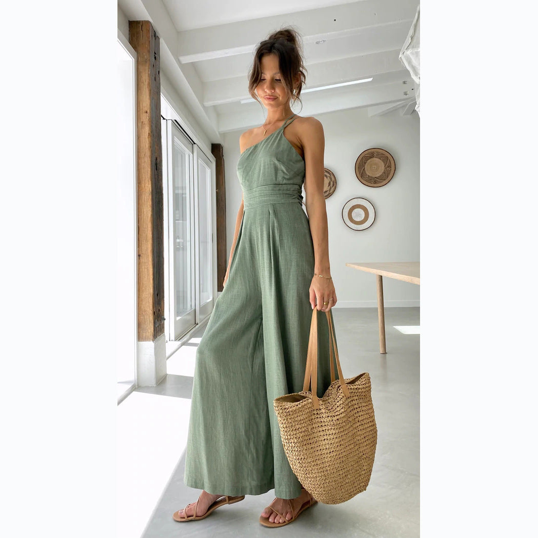 New Solid Color Loose Wide-leg Cotton And Linen Jumpsuit -