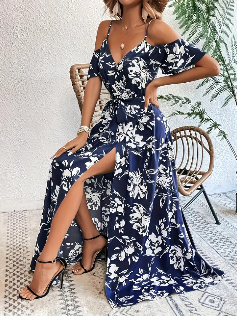 Ins Off-Shoulder Split Dress Summer Floral Print Suspender Long Dresses With Belt Design Women's Beach Clothing -