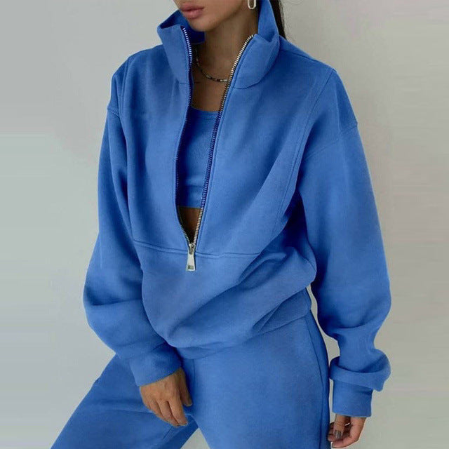Stand Collar Suit Zip Up Crop Sportswear Long Sleeve Sweatshirt And Trousers For Spring Fall Women's Clothing -