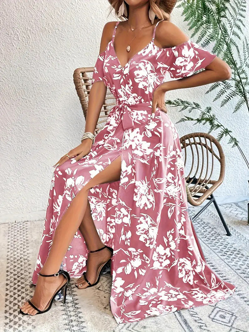 Ins Off-Shoulder Split Dress Summer Floral Print Suspender Long Dresses With Belt Design Women's Beach Clothing -