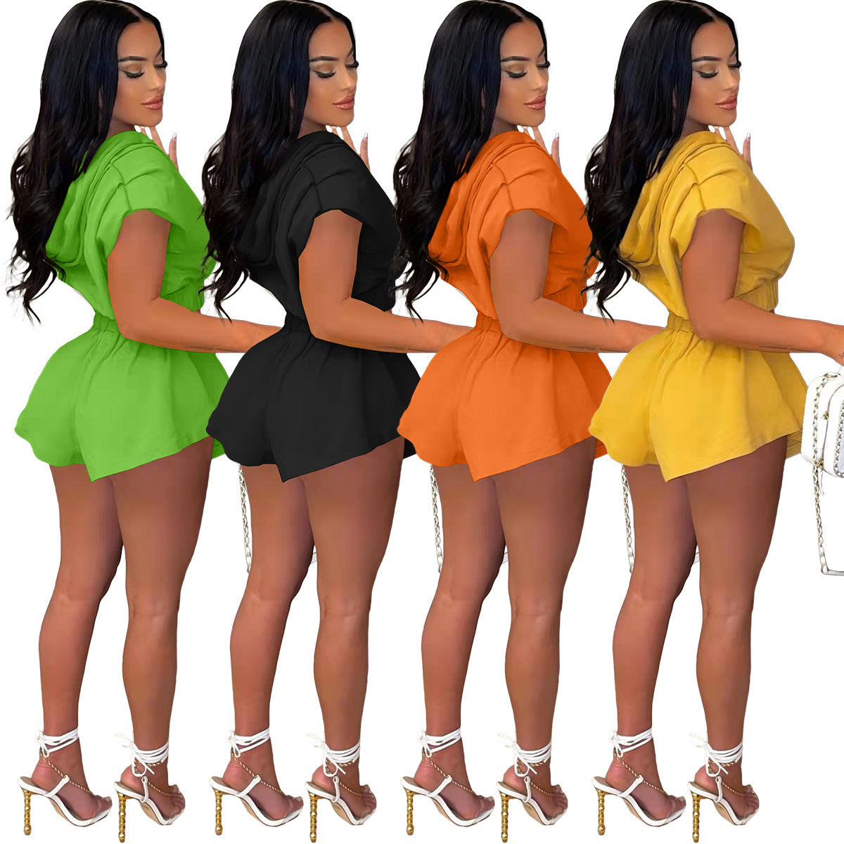 European And American Women's Clothing Spring And Summer New Hooded Zipper Short Sleeve Two-piece Set -