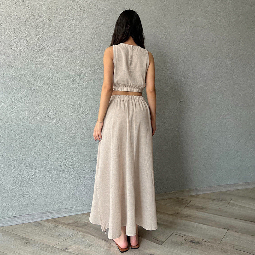 Ladies New Ramie Vest Long Skirt Casual Khaki Suit -