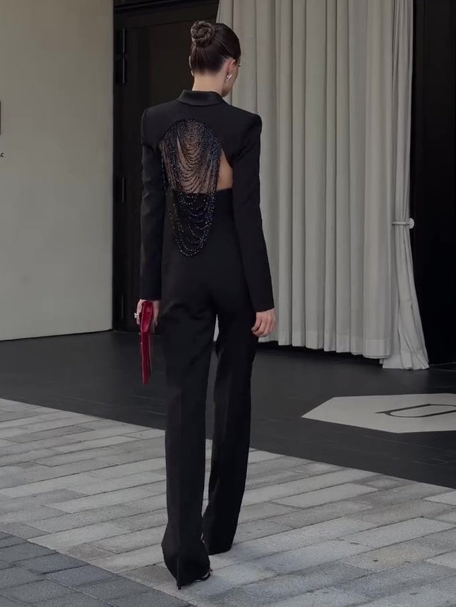 Black Backless Beaded Cropped Blazer & High Waist Pants Set -