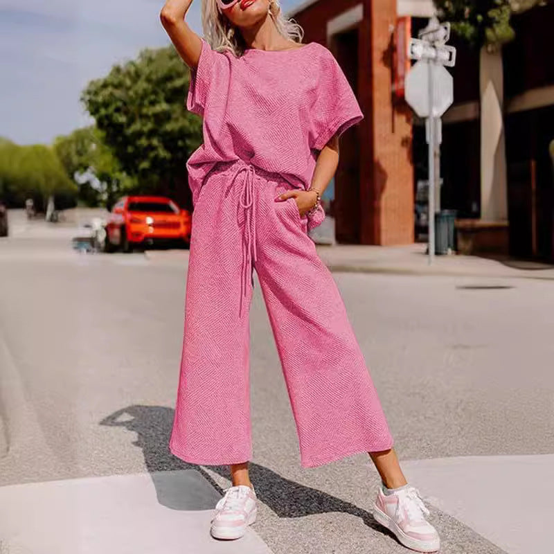 Solid Color Texture Casual Fashion Women's Wear Short-sleeved Trousers Two-piece Set -