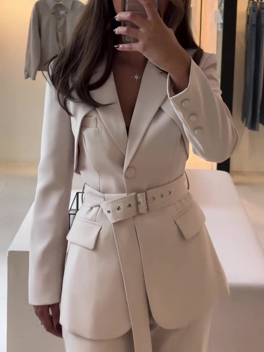 Elegant Solid Color Belted Blazer & High Waist Pants Set -