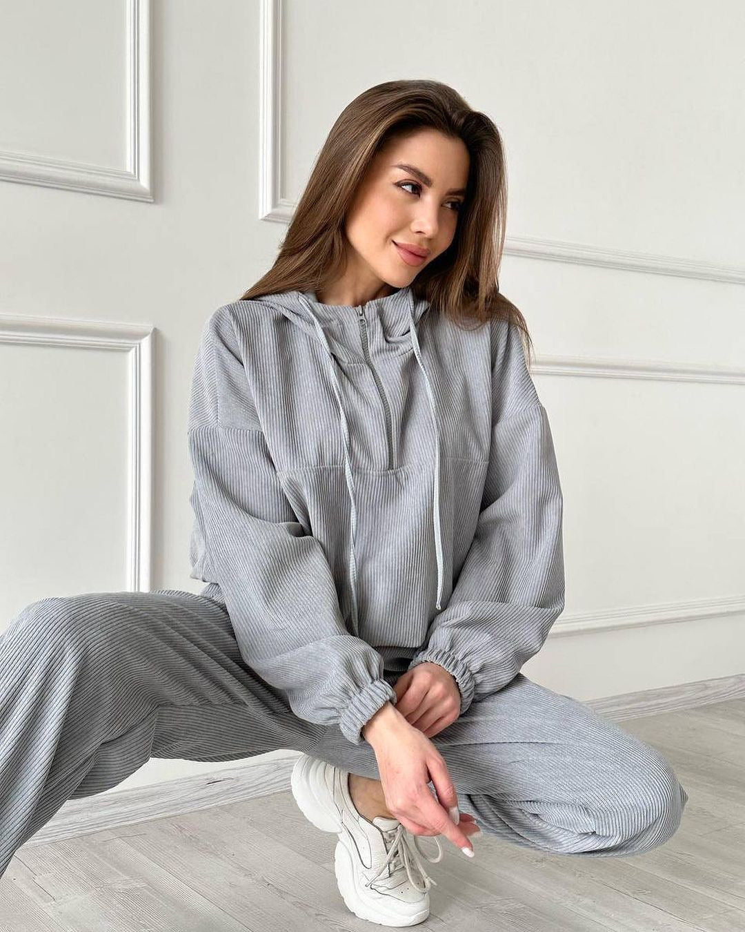 Women's Fashion Minimalist Long Sleeve Hooded Zipper Trousers Suit -