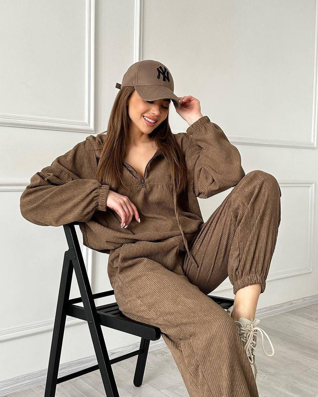 Women's Fashion Minimalist Long Sleeve Hooded Zipper Trousers Suit -