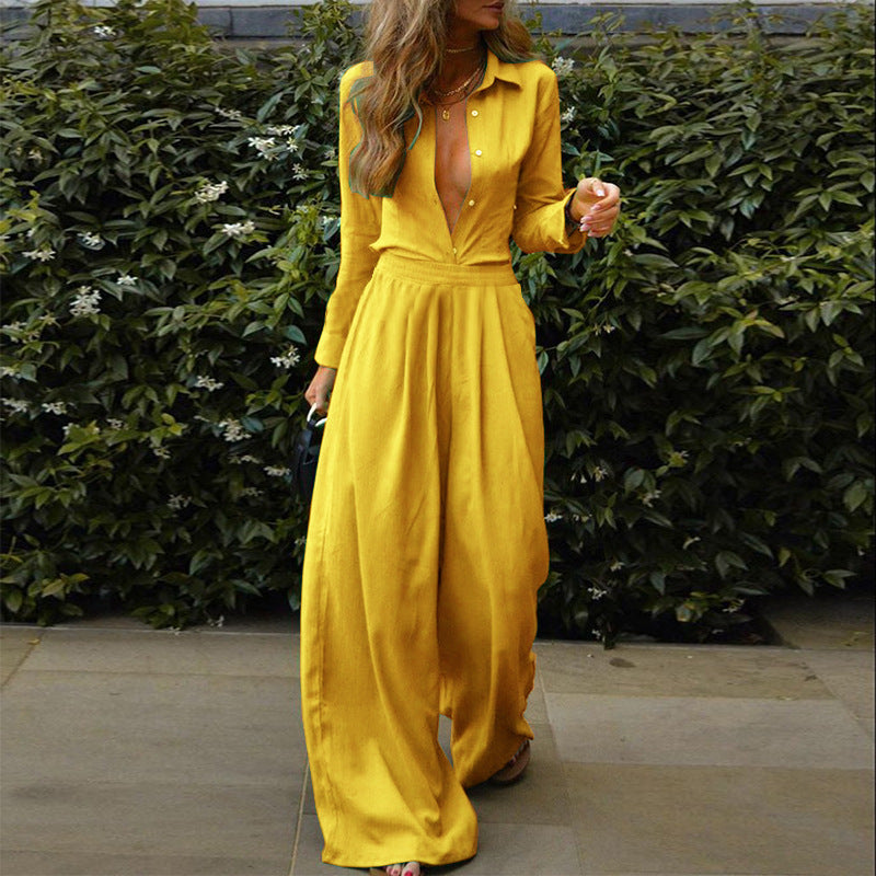 Women's Autumn And Winter Fashion Solid Color Shirt And Pants Set -