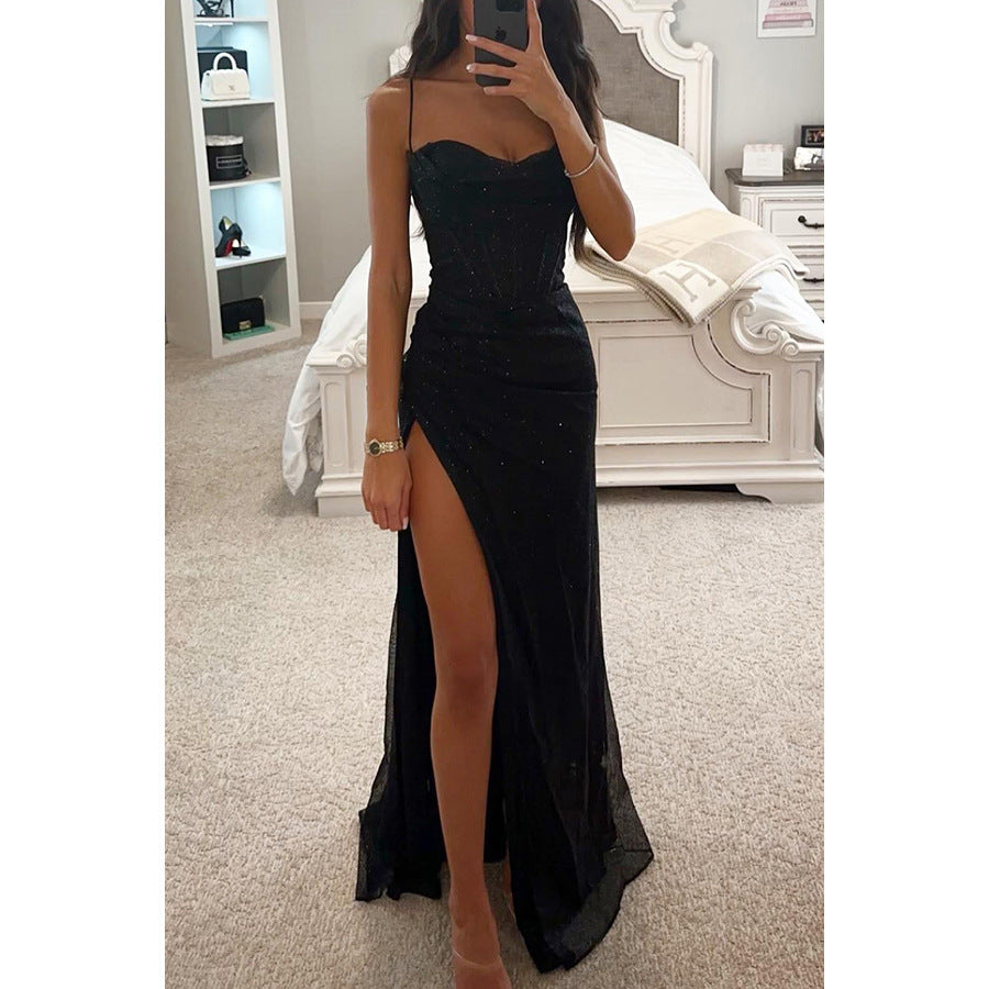 Rochie de Seară cu Curele - Decolteu V, Fentă Sexy, Lungă -