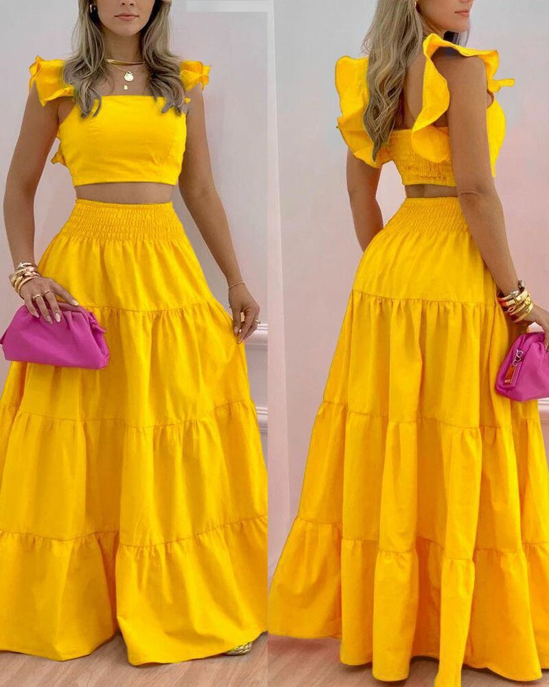 Women's New Solid Color Mid Waist Big Swing Two Piece Dress -