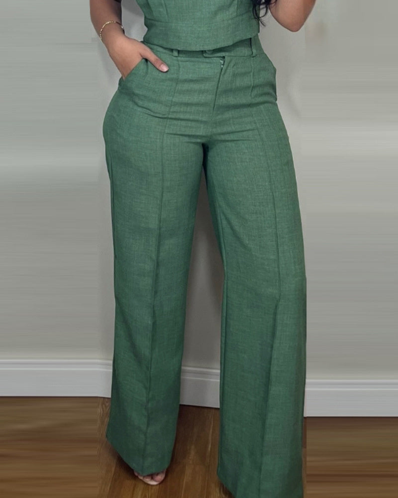 Summer Sleeveless Suit Fashion Round Neck Vest Top And Pocket Straight Pants Casual Trousers Set For Women Clothing -