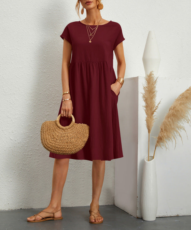 Rochie Vara Buzunare A-Line - Guler Rotund, Casual Elegantă, Culori Uni -