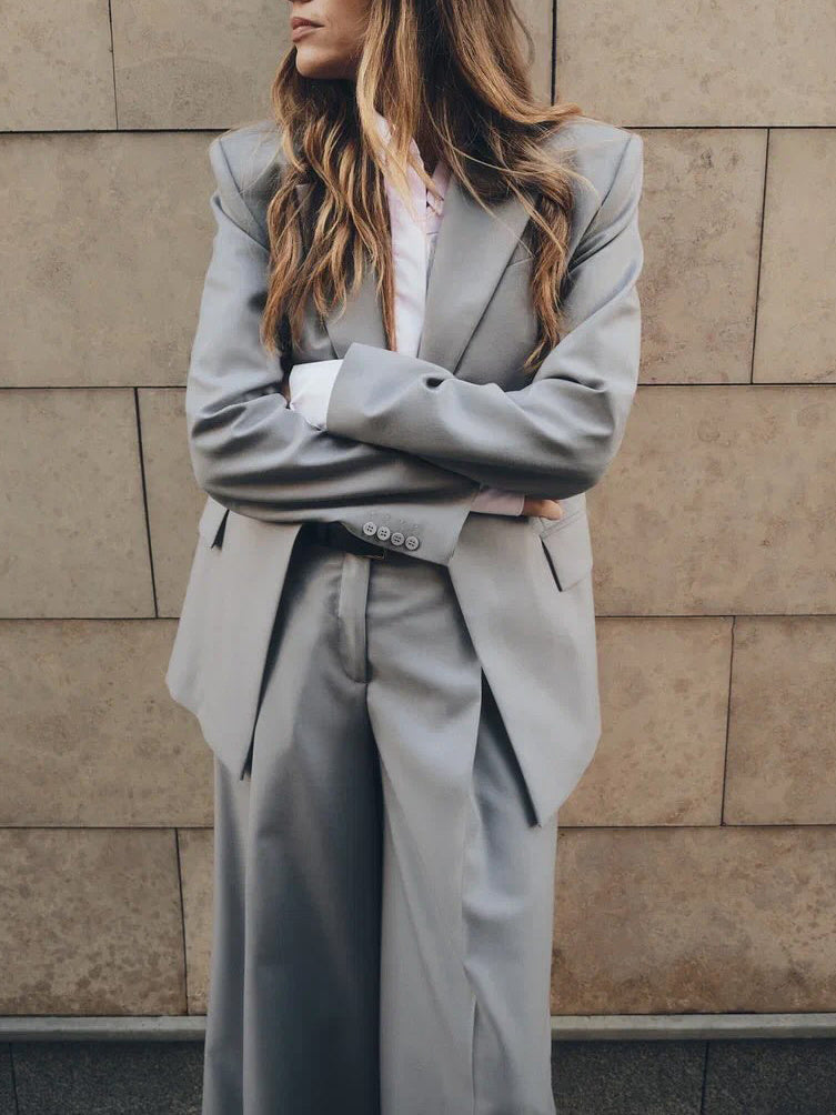 Gray Single-button Blazer & Wide-leg Pants Suit -