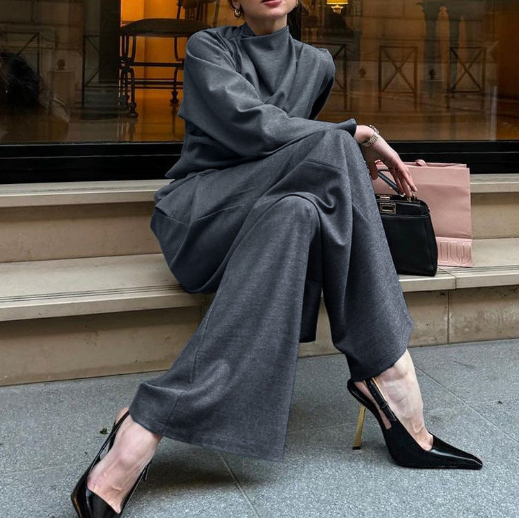 Small Turtleneck Cross Long Sleeves Top Casual Wide Leg Pants Two-piece Set -