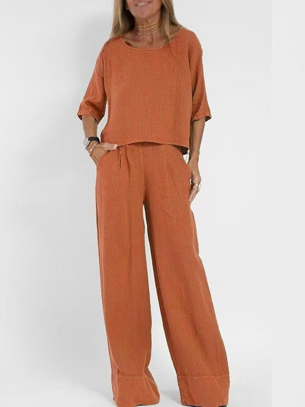 Women's Cotton And Linen Casual Cropped Sleeves Wide-leg Pants Suit -